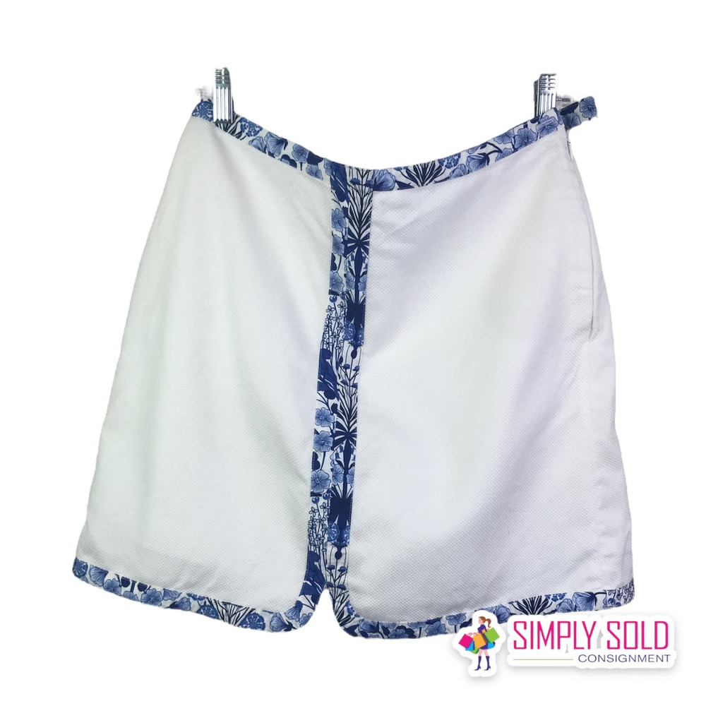 Tommy Hilfiger Women's Skort Mini Skirt White Blue Floral‎ Trimmed 100% Cotton 8